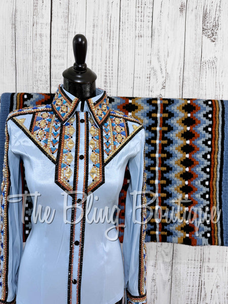 RE-ORDER Ice Blue, Cornflower Blue, Copper, Tan & Black Day Shirt Set (Choose Your Size)