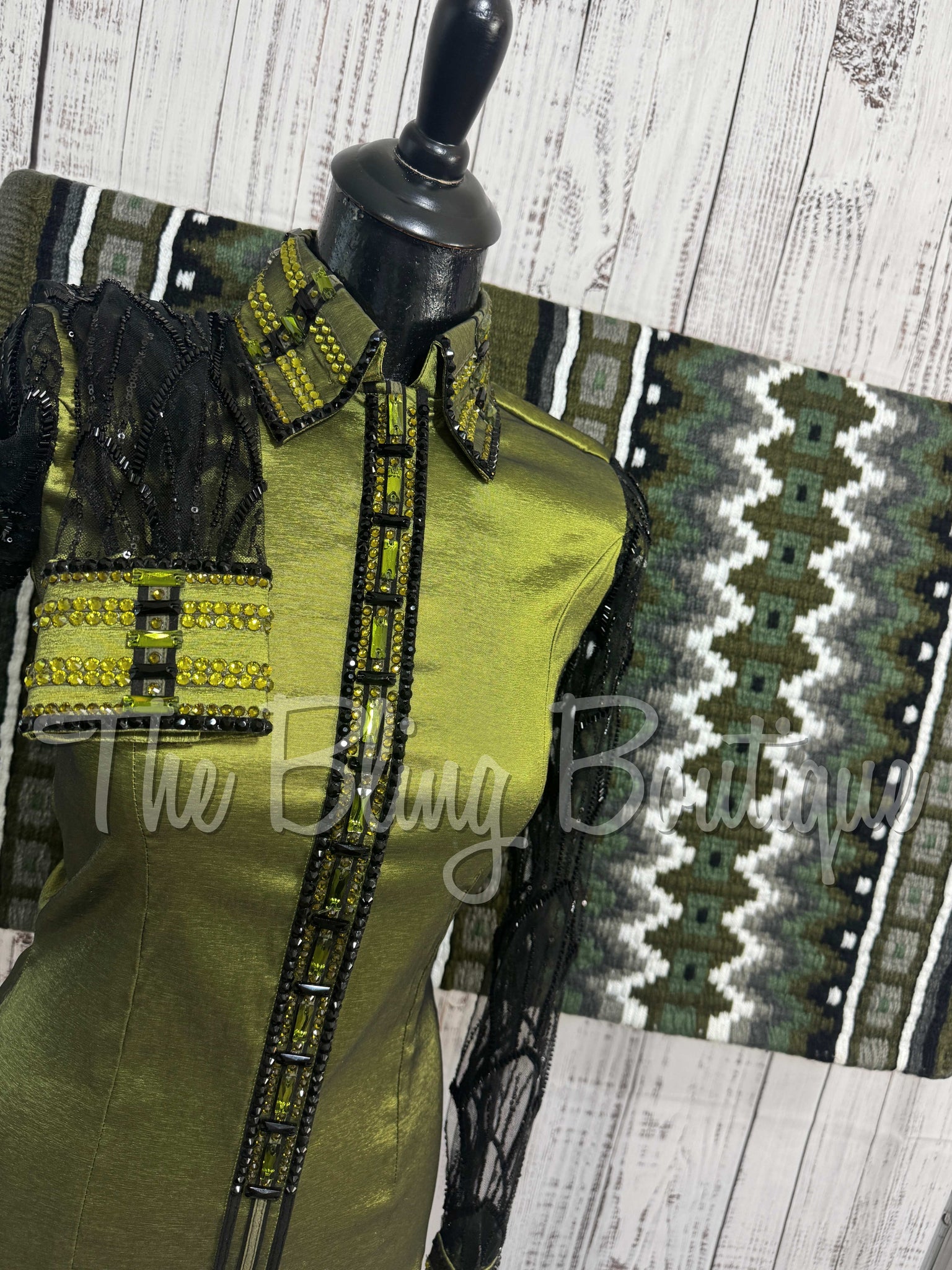 Olive Green & Black Day Shirt Set With Sheer Lace Sleeves (S)