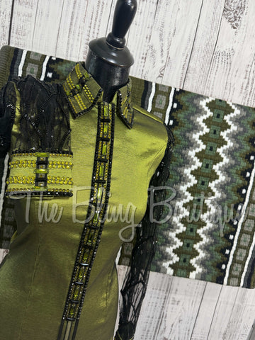 Olive Green & Black Day Shirt Set With Sheer Lace Sleeves (S)