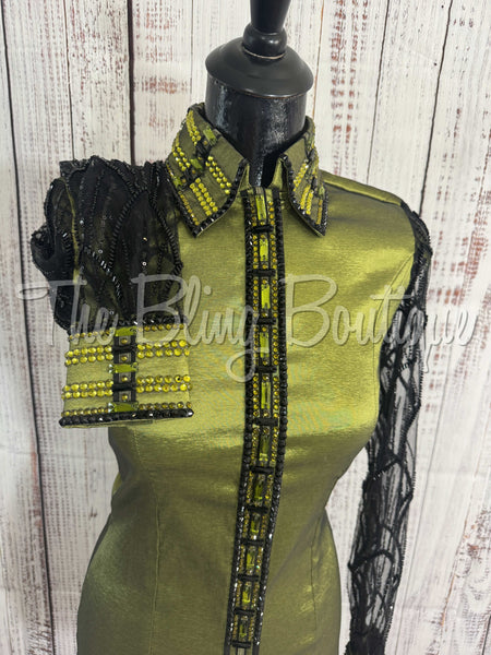 Olive Green & Black Day Shirt Set With Sheer Lace Sleeves (S)