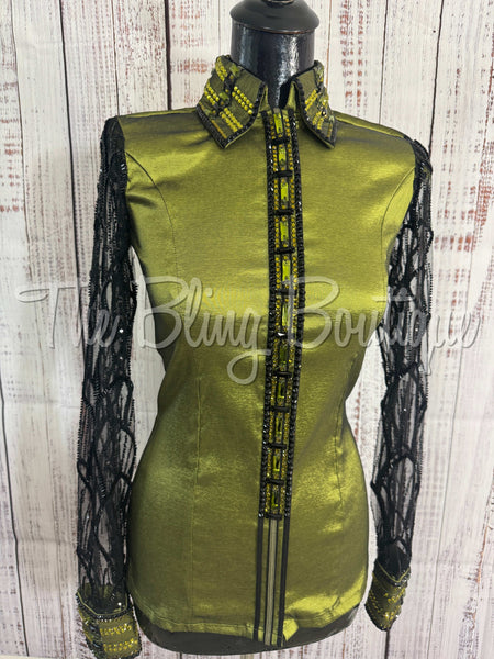 Olive Green & Black Day Shirt Set With Sheer Lace Sleeves (S)