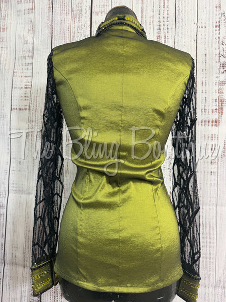 Olive Green & Black Day Shirt Set With Sheer Lace Sleeves (S)
