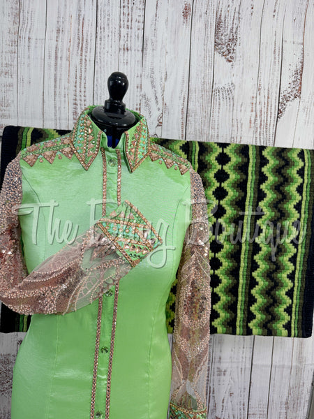 Green & Champagne Day Shirt Set With Lace Sleeves (M)