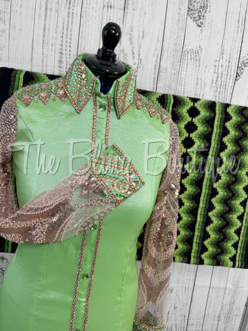 Green & Champagne Day Shirt Set With Lace Sleeves (M)