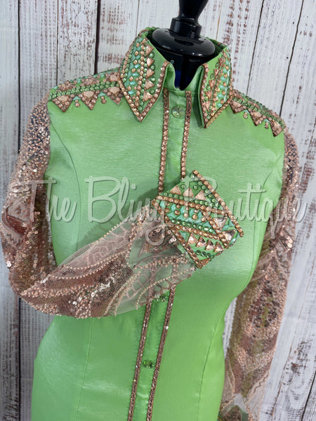 Green & Champagne Day Shirt Set With Lace Sleeves (M)