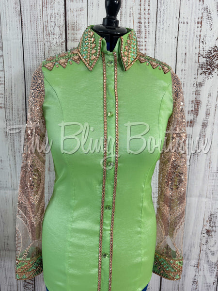 Green & Champagne Day Shirt Set With Lace Sleeves (M)