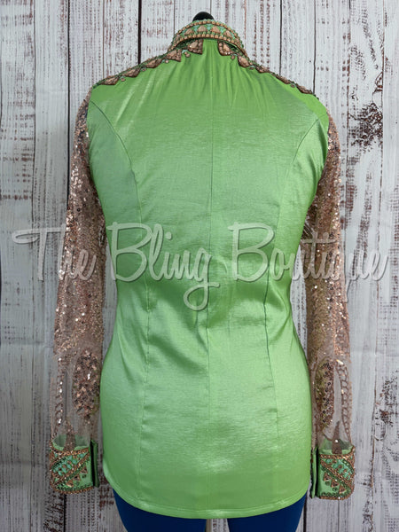 Green & Champagne Day Shirt Set With Lace Sleeves (M)
