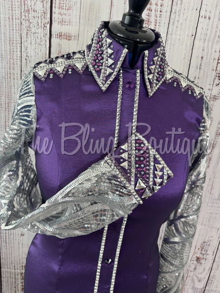 Purple & Grey Day Shirt Set With Lace Sleeves (M)