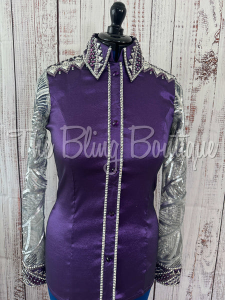 Purple & Grey Day Shirt Set With Lace Sleeves (M)