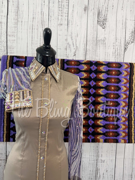 Tan & Purple Day Shirt Set With Sheer Lace Sleeves (S)