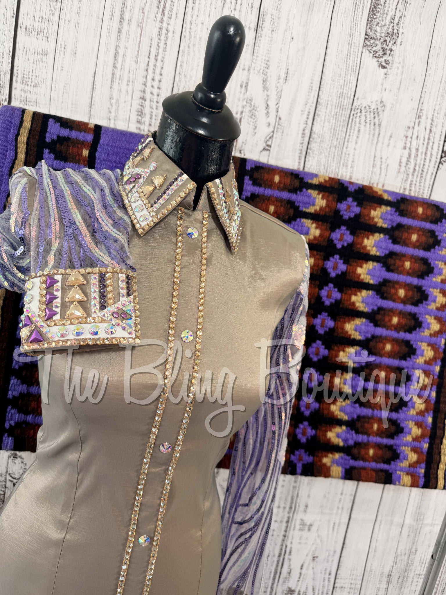 Tan & Purple Day Shirt Set With Sheer Lace Sleeves (S)
