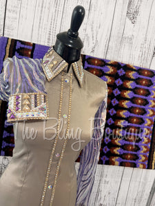 Tan & Purple Day Shirt Set With Sheer Lace Sleeves (S)