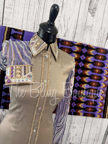 Tan & Purple Day Shirt Set With Sheer Lace Sleeves (S)