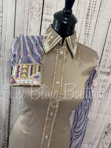 Tan & Purple Day Shirt Set With Sheer Lace Sleeves (S)