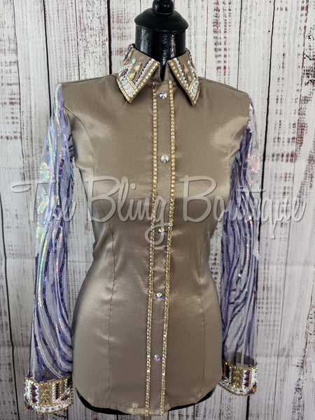 Tan & Purple Day Shirt Set With Sheer Lace Sleeves (S)