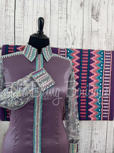 Lavender & Turquoise Day Shirt Set With Sheer Sleeves (XL)