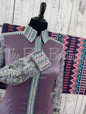 Lavender & Turquoise Day Shirt Set With Sheer Sleeves (XL)