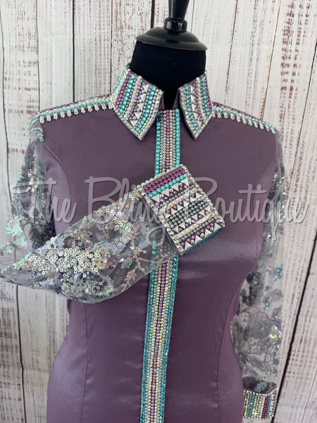 Lavender & Turquoise Day Shirt Set With Sheer Sleeves (XL)