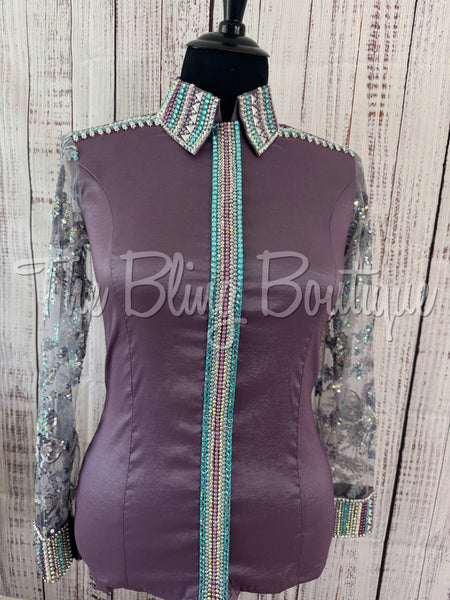Lavender & Turquoise Day Shirt Set With Sheer Sleeves (XL)