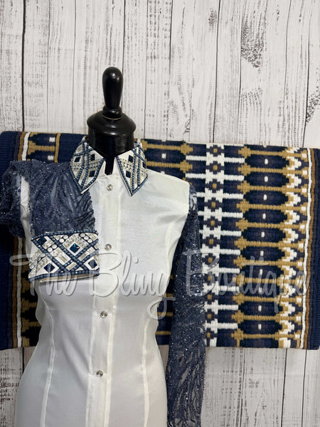 White & Navy Blue Day Shirt Set With Sheer Lace Sleeves (S)