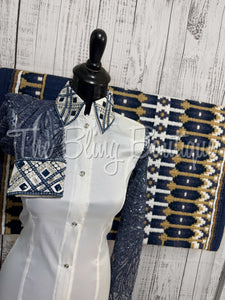 White & Navy Blue Day Shirt Set With Sheer Lace Sleeves (S)