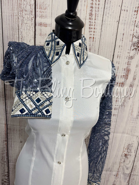 White & Navy Blue Day Shirt Set With Sheer Lace Sleeves (S)