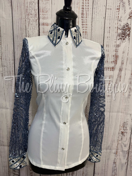 White & Navy Blue Day Shirt Set With Sheer Lace Sleeves (S)