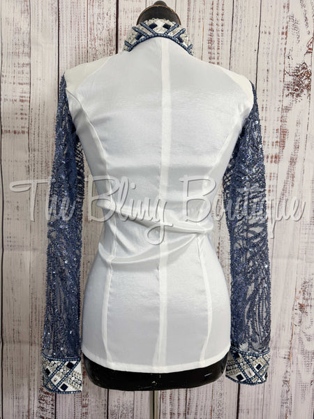 White & Navy Blue Day Shirt Set With Sheer Lace Sleeves (S)