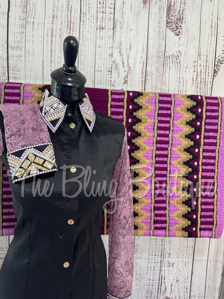 Black, Lavender & Tan Day Shirt Set With Lace Sleeves (M)