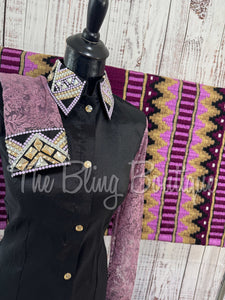 Black, Lavender & Tan Day Shirt Set With Lace Sleeves (M)