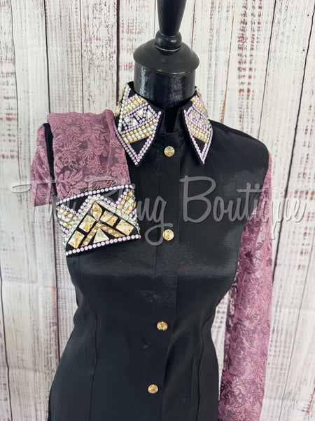 Black, Lavender & Tan Day Shirt Set With Lace Sleeves (M)