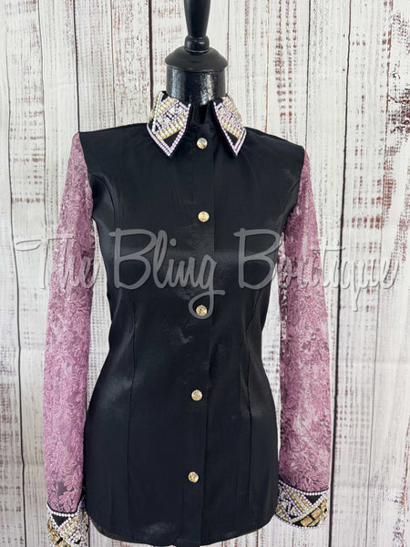 Black, Lavender & Tan Day Shirt Set With Lace Sleeves (M)