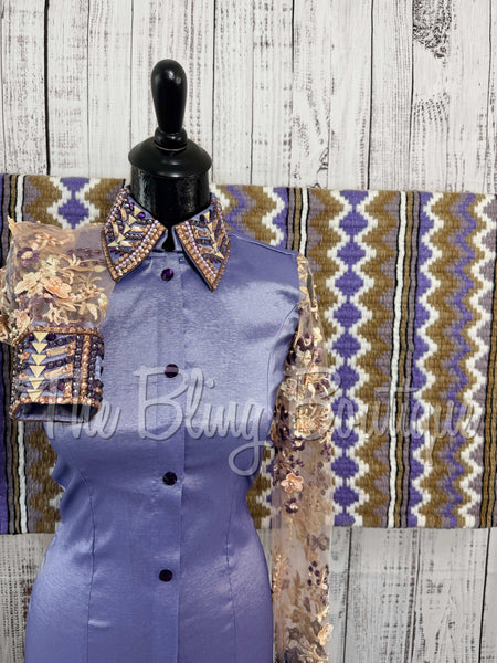 Lavender & Cream Day Shirt Set With Sheer Lace Sleeves (S)