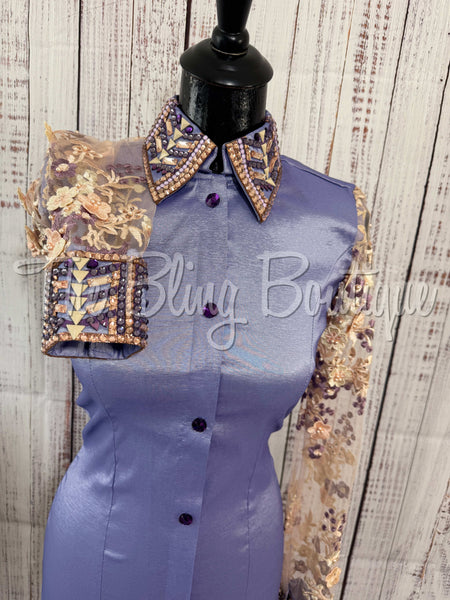 Lavender & Cream Day Shirt Set With Sheer Lace Sleeves (S)
