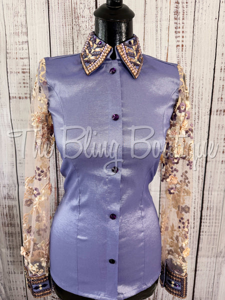 Lavender & Cream Day Shirt Set With Sheer Lace Sleeves (S)