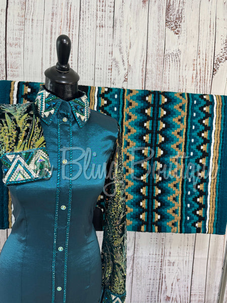 Ocean Teal, Green & Tan Day Shirt Set With Sheer Lace Sleeves (S)