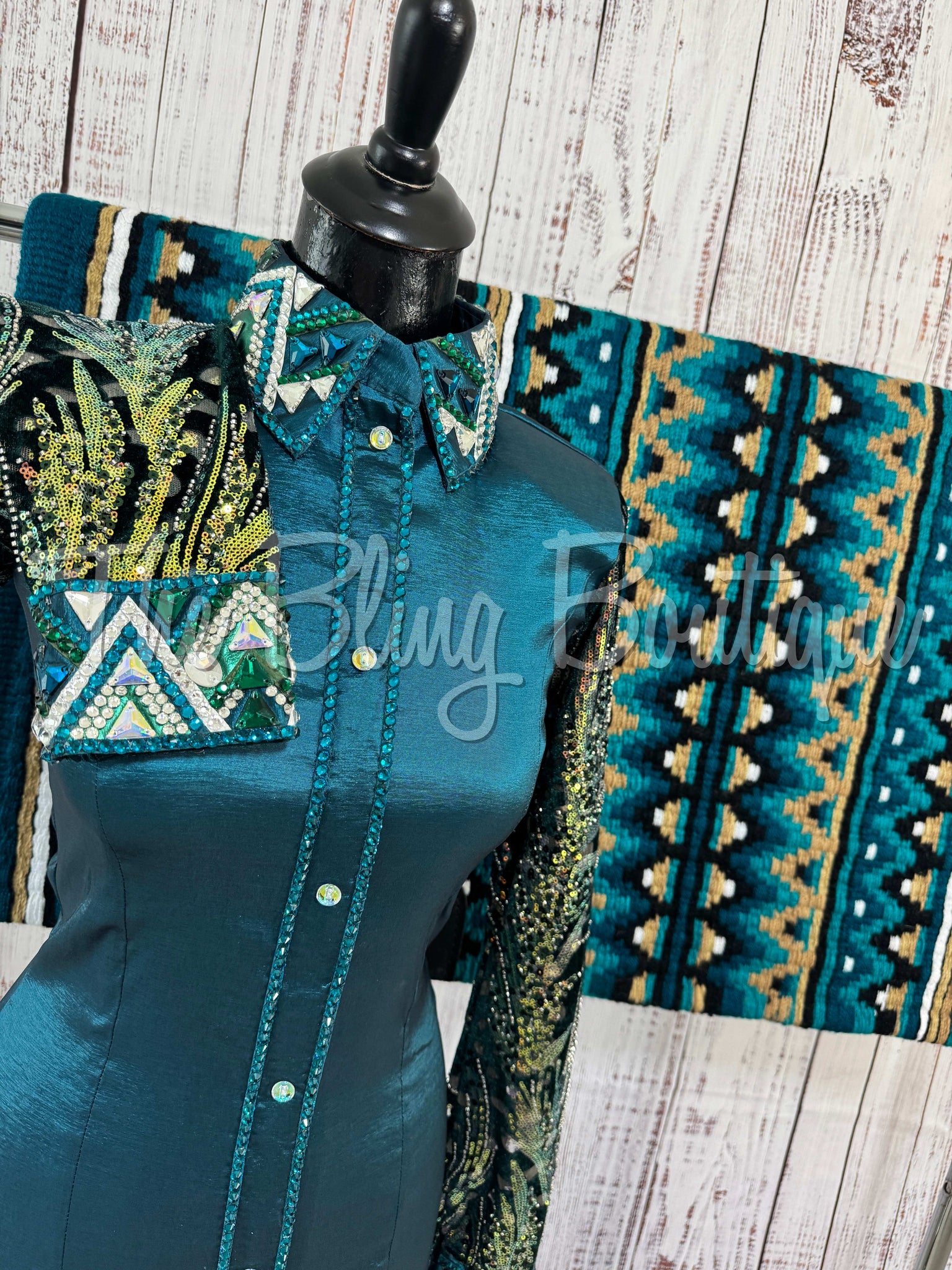 Ocean Teal, Green & Tan Day Shirt Set With Sheer Lace Sleeves (S)