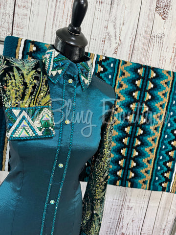 Ocean Teal, Green & Tan Day Shirt Set With Sheer Lace Sleeves (S)
