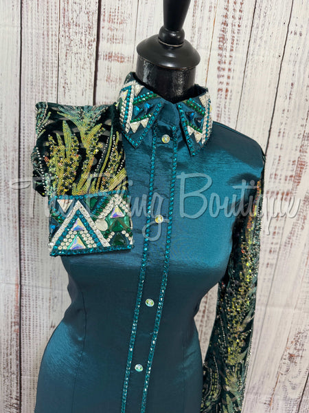 Ocean Teal, Green & Tan Day Shirt Set With Sheer Lace Sleeves (S)