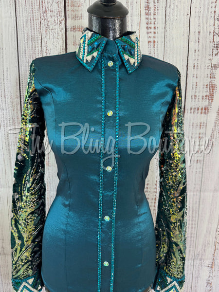 Ocean Teal, Green & Tan Day Shirt Set With Sheer Lace Sleeves (S)