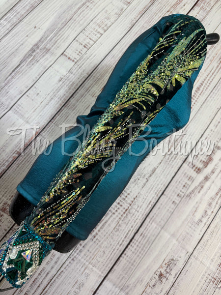 Ocean Teal, Green & Tan Day Shirt Set With Sheer Lace Sleeves (S)
