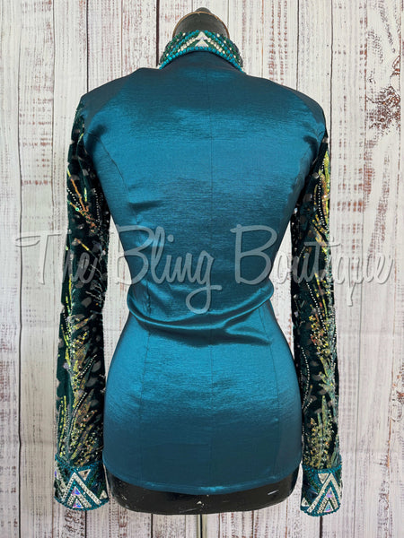 Ocean Teal, Green & Tan Day Shirt Set With Sheer Lace Sleeves (S)