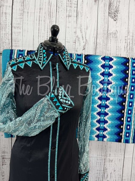 Black & Aqua Day Shirt Set With Lace Sleeves (L)