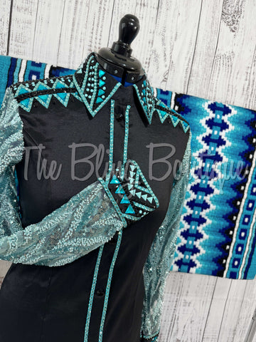 Black & Aqua Day Shirt Set With Lace Sleeves (L)