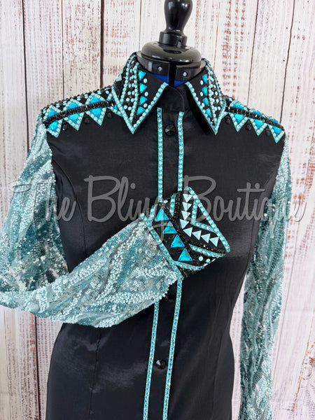 Black & Aqua Day Shirt Set With Lace Sleeves (L)