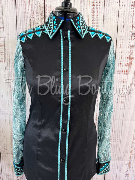 Black & Aqua Day Shirt Set With Lace Sleeves (L)