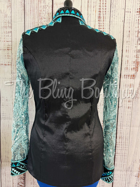 Black & Aqua Day Shirt Set With Lace Sleeves (L)