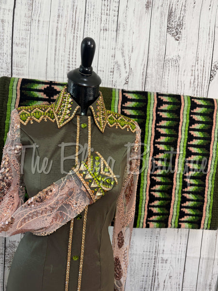 Olive Green & Champagne Day Shirt Set With Lace Sleeves (S)