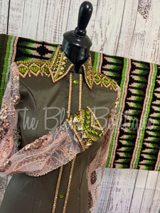 Olive Green & Champagne Day Shirt Set With Lace Sleeves (S)