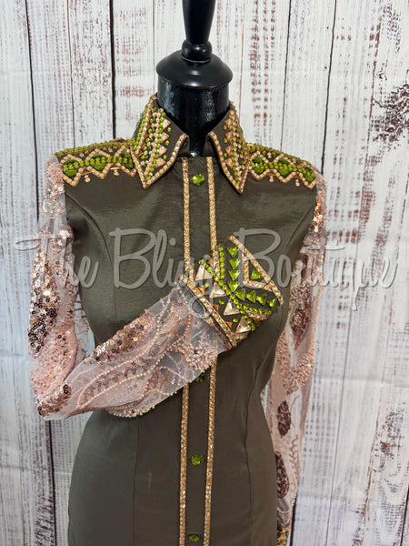 Olive Green & Champagne Day Shirt Set With Lace Sleeves (S)